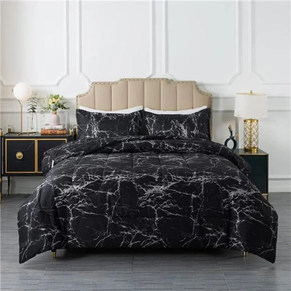 Black Marble Comforter Set Full Size, 3 Pieces Modern Pattern Soft Microfiber